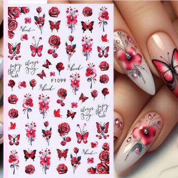 STICKER MARIPOSA Y FLORES ROJAS